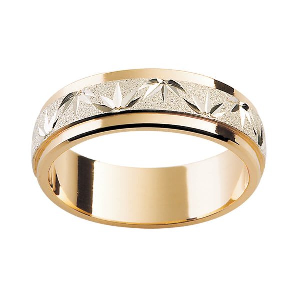 F27M Unique Men'S Two Tone Ring With Engraved Leaf Motif On Overlay Centre