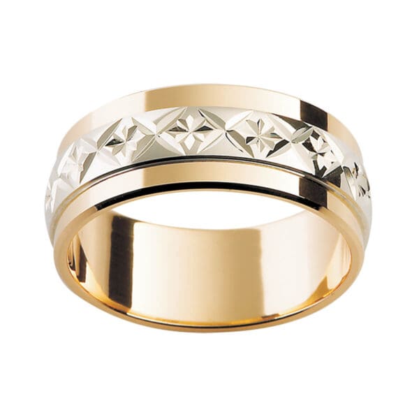 F28M men's ring with stylish cross and star engraved pattern on white gold overlay in yellow gold band