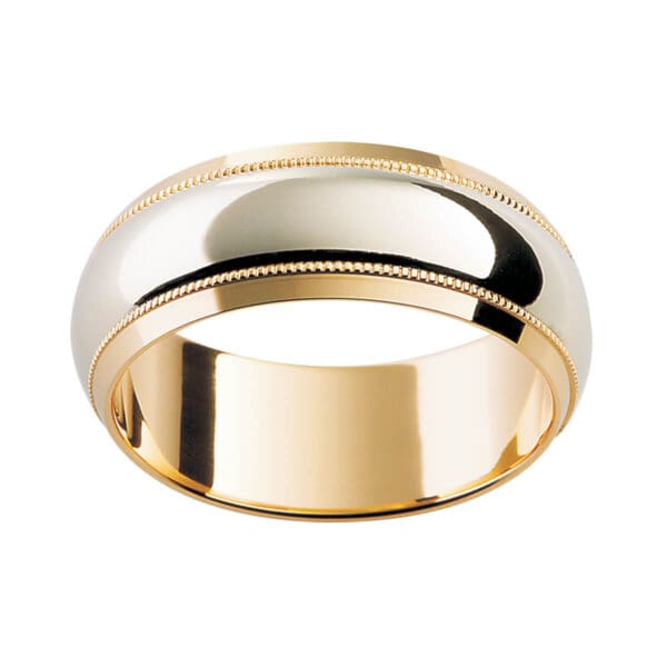 F51 modern men's band with decorative milgrain trim in two tone gold and polished finish