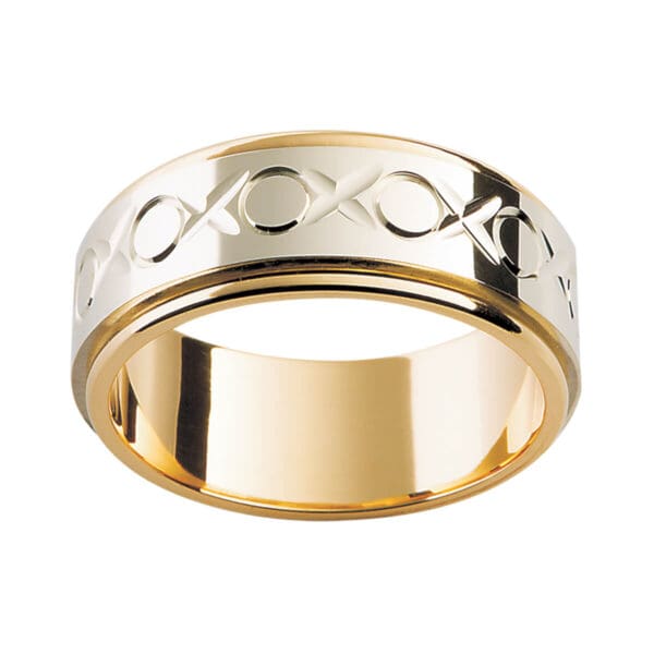 F69 Men'S Ring With Xoxo Pattern In Two Tone With White Gold Overlay On Yellow Gold Band