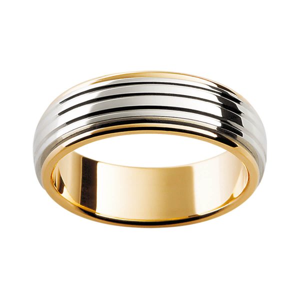 F6M two tone men's band with horizontal grooved lines on white gold overlay in yellow gold band