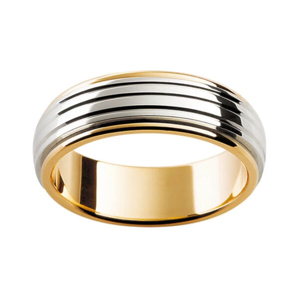 F6M Two Tone Men'S Band With Horizontal Grooved Lines On White Gold Overlay In Yellow Gold Band