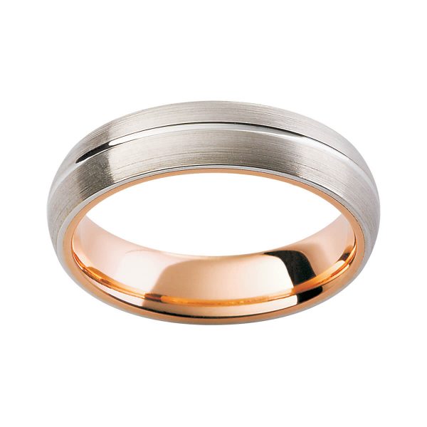 KC1 beautiful men's ring in brushed white gold with polished centreline on polished rose gold innerband