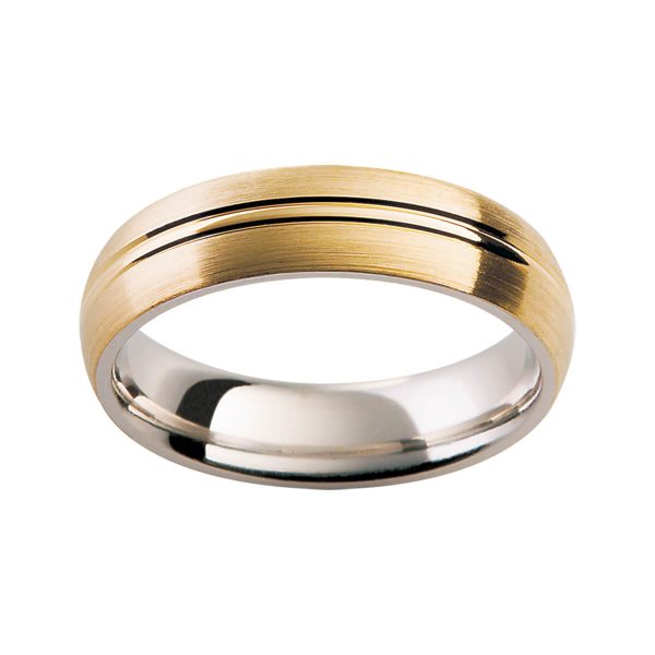 KC3 men's two tone band in brushed yellow gold with double grooved centreline on polished white gold inner ring