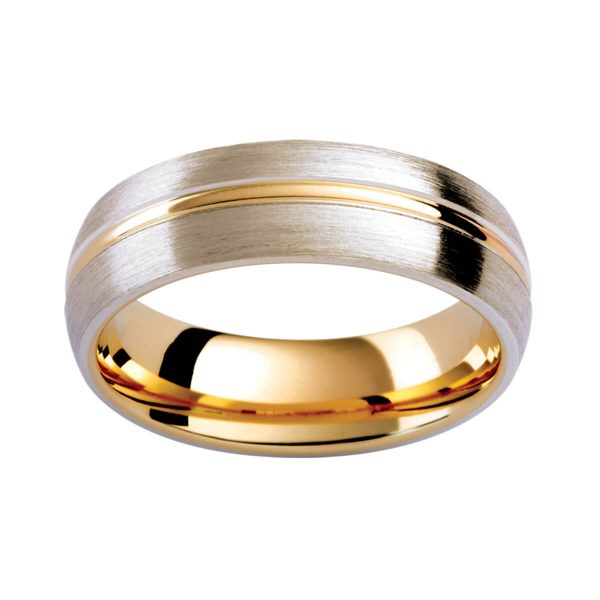 KC9E men's two-tone wedding band with polished rose gold line on brushed white gold overlay and polished rose gold innerband