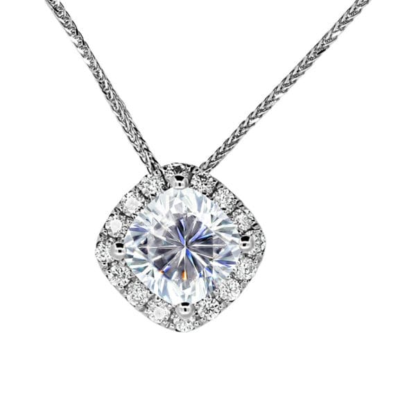 Olivia 6.0 halo slider pendant with cushion cut Moissanite centre stone