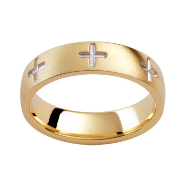 Pj275 Men'S Semi-Rounded Band With Cross Pattern All The Way Around Band In Angled Brushed Yellow Gold