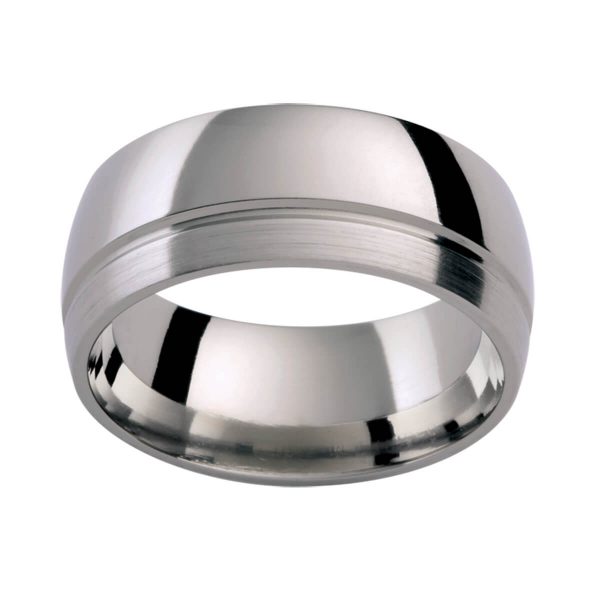 TiC38 Titanium men's ring with polished offset groove in a contrasting polish and brushed finish