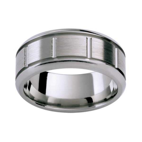 Tij46 men's patterned Titanium band with vertical pattern and two horizontal grooves on edge of band