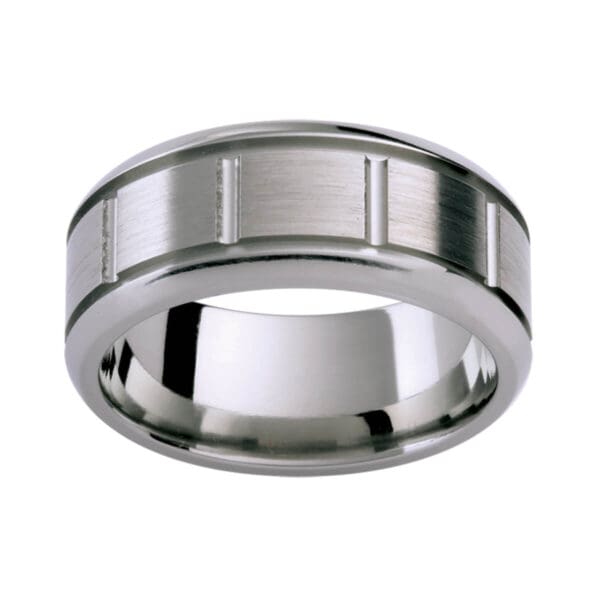 Tij46 Men'S Patterned Titanium Band With Vertical Pattern And Two Horizontal Grooves On Edge Of Band