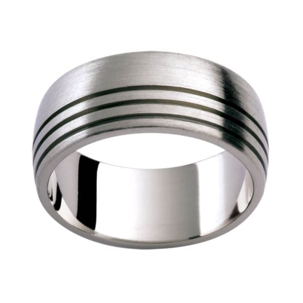 Ti40 Men'S Titanium Ring With Triple-Row Grooved Pattern On One Side Of Band In Emery-Brushed Finish