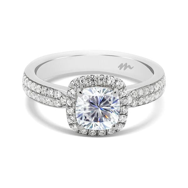 Chrissy Cushion Halo Ring On Tapered Double-Row Pave-Set Band