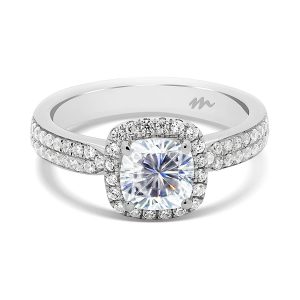 Chrissy Cushion Cut Halo Ring On Tapered Double-Row Pave Set Band