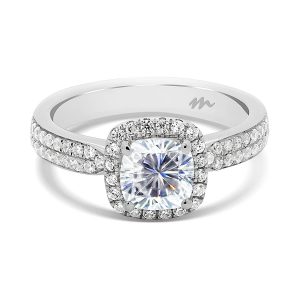 Chrissy cushion cut halo ring on tapered double-row pave set band