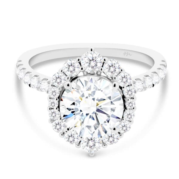 Giselle round ring with graduating-sized stone halo on fine prong set band