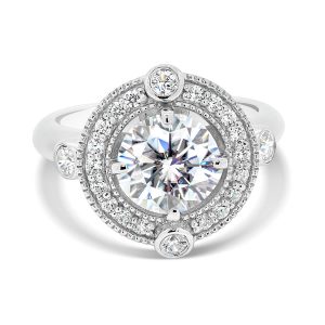 Heaven Pave Set Halo Ring With Bezel Accent Stones And Polished Knife-Edge Band