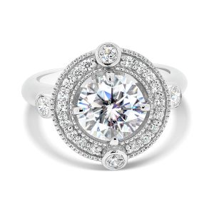 Heaven pave set halo ring with bezel accent stones and polished knife-edge band