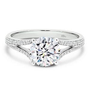 Nevina 4 prong solitaire on graduating pave set open split band