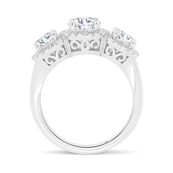 trilogy with prong set halo with filigree Art Deco details