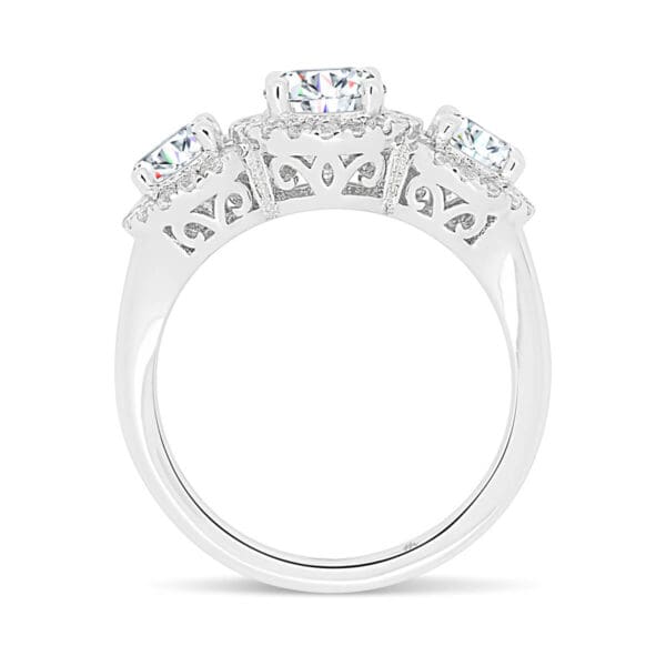 Trilogy With Prong Set Halo With Filigree Art Deco Details