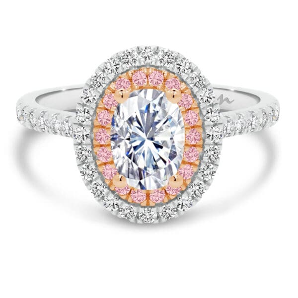 Louisa Oval Pink ring with double halo and encrusted band