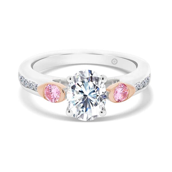 Melbourne Oval Pink 4 prong ring with pink side stones in rose gold bezel set and channel set band