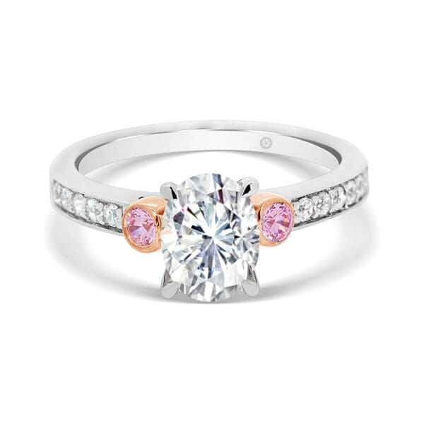 Milan Oval Pink 4 Prong Ring With Pink Side Stones In Bezel Set And Pave Set Band