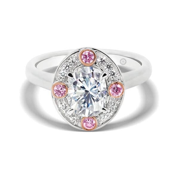 Vienna Oval Pink Lab Grown Diamond Ring With Pave Set Halo On Plain Band