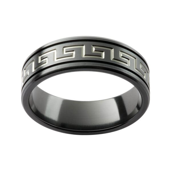 Zr12 Men'S Black Zirconium Ring In A Matte Finish With Engraved Graphic Pattern In Contrast Tone