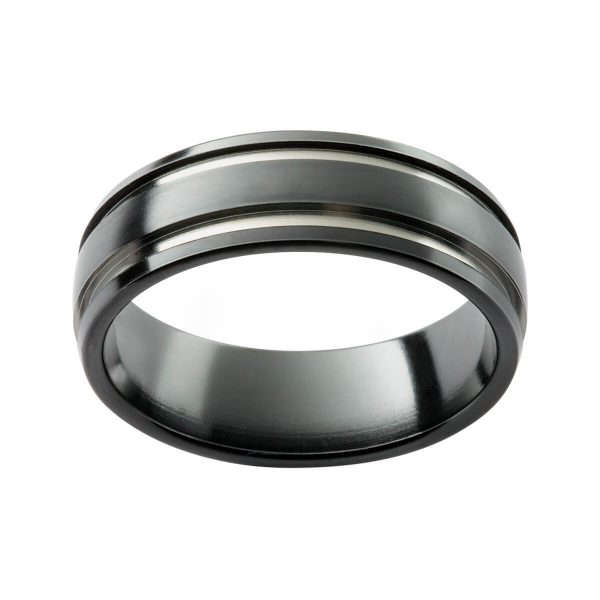 Zrj10 Patterned Two Tone Zirconium Men'S Ring With Grooved Edges