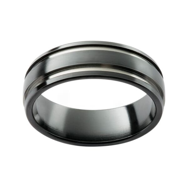 ZRJ10 patterned two tone zirconium men's ring with grooved edges