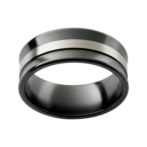 Zrj13 Concave Black Zirconium Ring With A White Gold Overlay Strip In The Middle