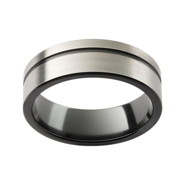 ZRJ4 men's zirconium two tone ring with an offset groove and black inner band