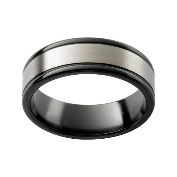 ZRJ7 two tone men's black zirconium and white gold ring in a satin finish