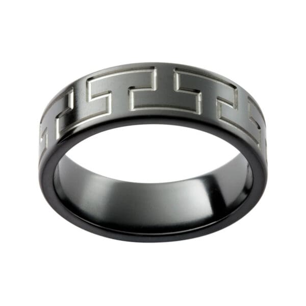 Zrj8 Black Zirconium Men'R Ring With Engraved Graphic Pattern In A Flat Band