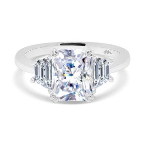 Radiant Cut Trilogy Engagement Ring With Trapezoid Side Stones