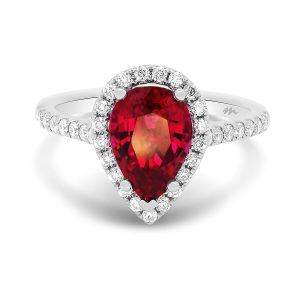 Eugenia Red Pear Shaped Ruby Halo Ring On Prong-Set Half Band And Detailed Stone-Set Bridge