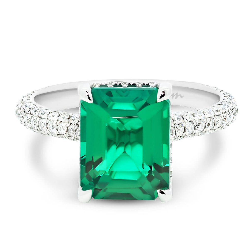 Kalina Emerald Gemstone Ring In Stone-Set 4 Prong On Rolling 3-Row Micro Pave Band