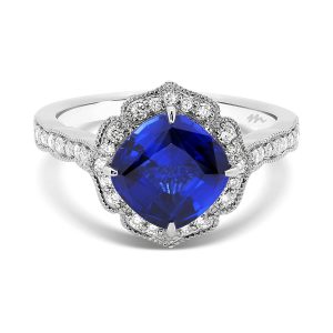 Lavender Blue Lab-Grown Cushion Sapphire Ring In A Floral Petal-Shaped Halo Design And Pave Set Band