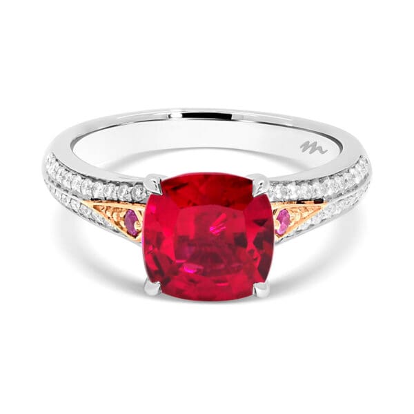 Last Chance To Get The Posey Cushion Ruby Ring With Structured Gallery Desing