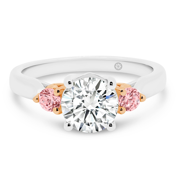 Dublin Pink lab-grown diamond trilogy ring, ethical engagement ring with pink diamond side stones heart shaped gallery