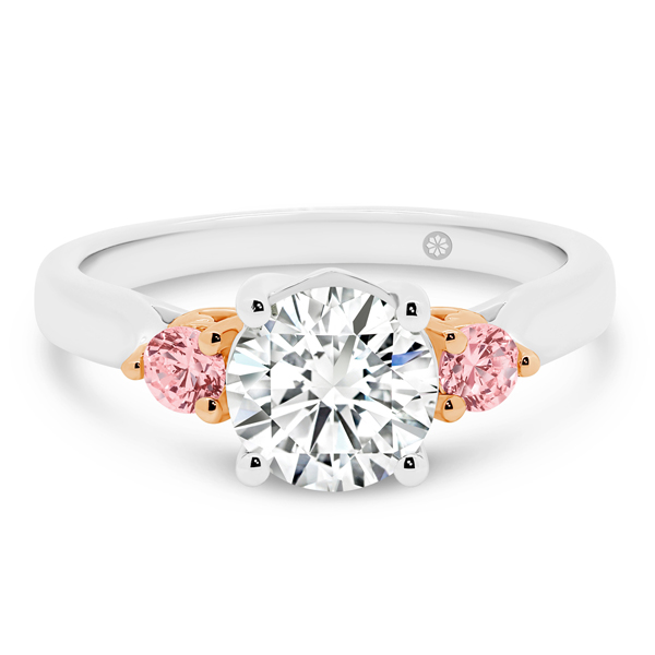 Dublin Pink Lab-Grown Diamond Trilogy Ring, Ethical Engagement Ring With Pink Diamond Side Stones Heart Shaped Gallery