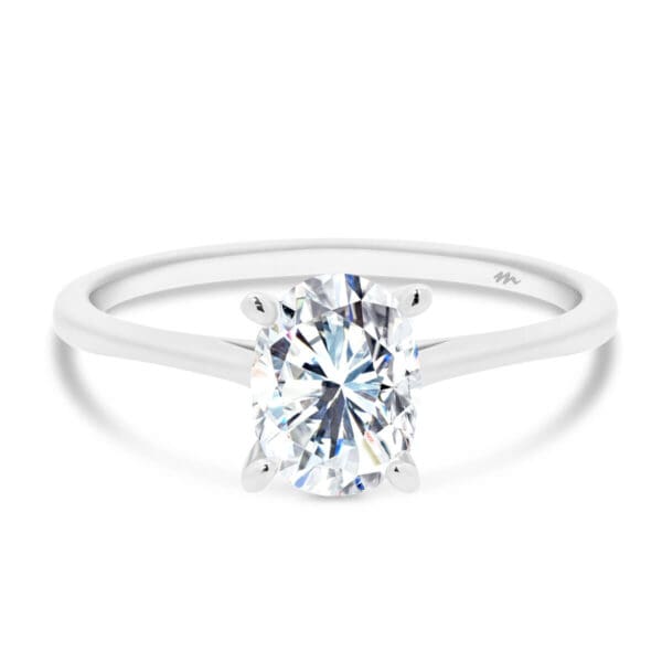 Lanefield Oval 7X5 Four Prong Solitaire Ring With Open V Gallery And Pear Tips On Slightly Tapered Band