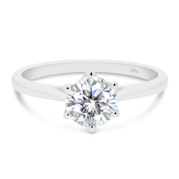 Milton 6.5 moissanite ring in 6 prong royal crown setting with tapered band