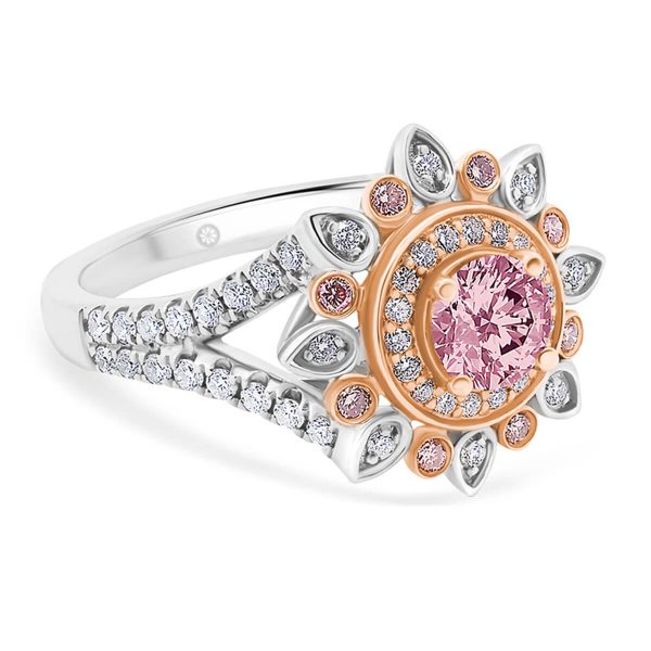 Pink Florence 5.5 lab-grown pink diamond ring in cluster design with altenating pink and white diamonds on a split band