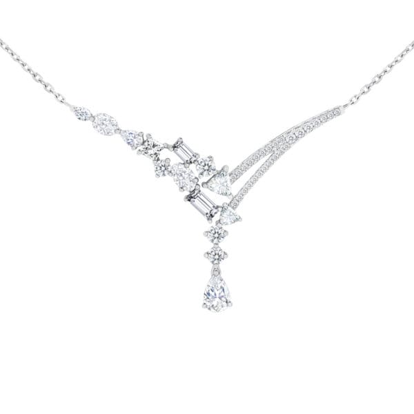 Journey asymmetrical V shape necklace with mix fancy cut and pave-set round lab grown diamonds with pear drop centre stone