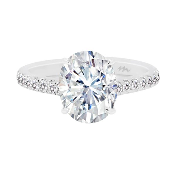 Aurora 10x8 Ring 3.11ct. Oval Moissanite on delicate 3/4 prong band with under-rail