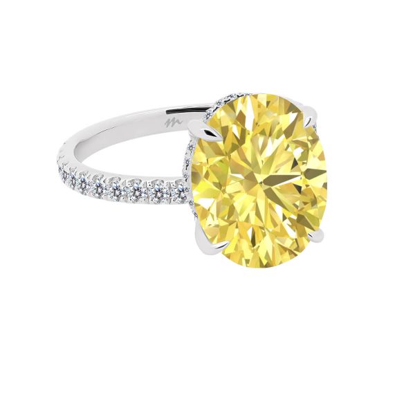 Aurora Yellow Moissanite ring with oval 4 prong set with micro-pave under-rail on delicate 3/4 prong band