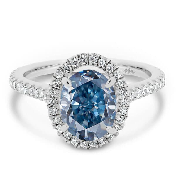 Ava Oval Blue Moissanite Halo Ring On 3/4 Delicate Prong Set Band