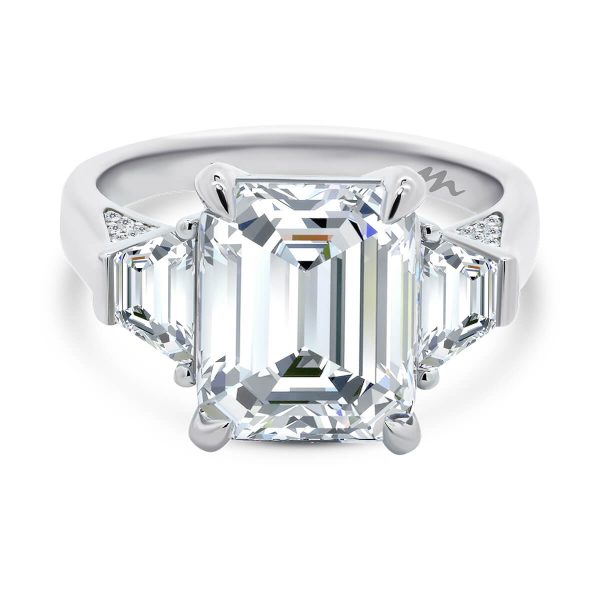 Evelynn Ring 5.00ct Emerald-cut Moissanite trilogy with trapezoids side stones on a pave set gallery